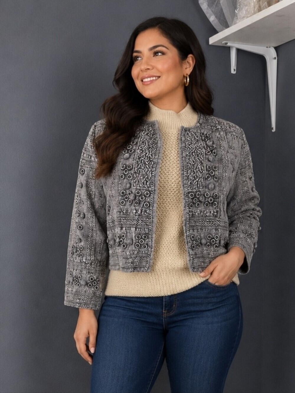 Embroidered Pattern Gray Women's Jacket